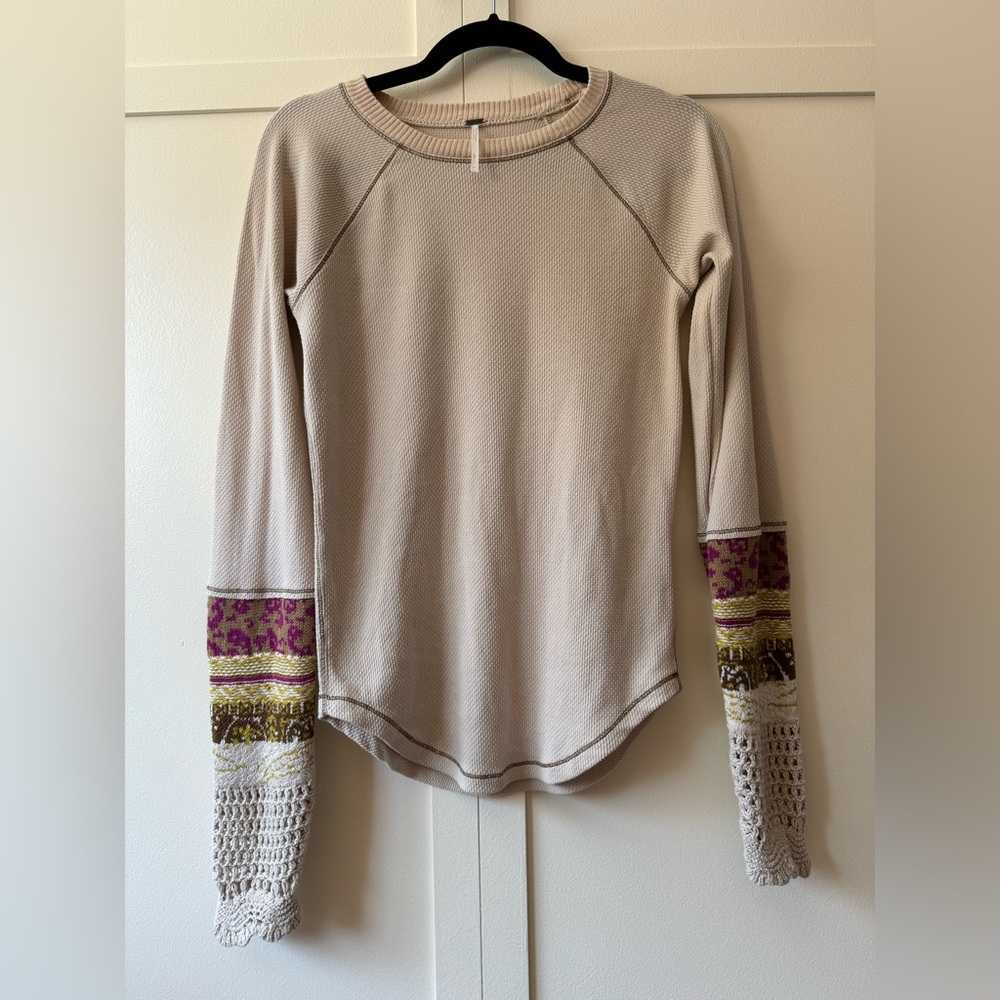 Free People Cream Long Sleeve Top with Purple and Gold Accents